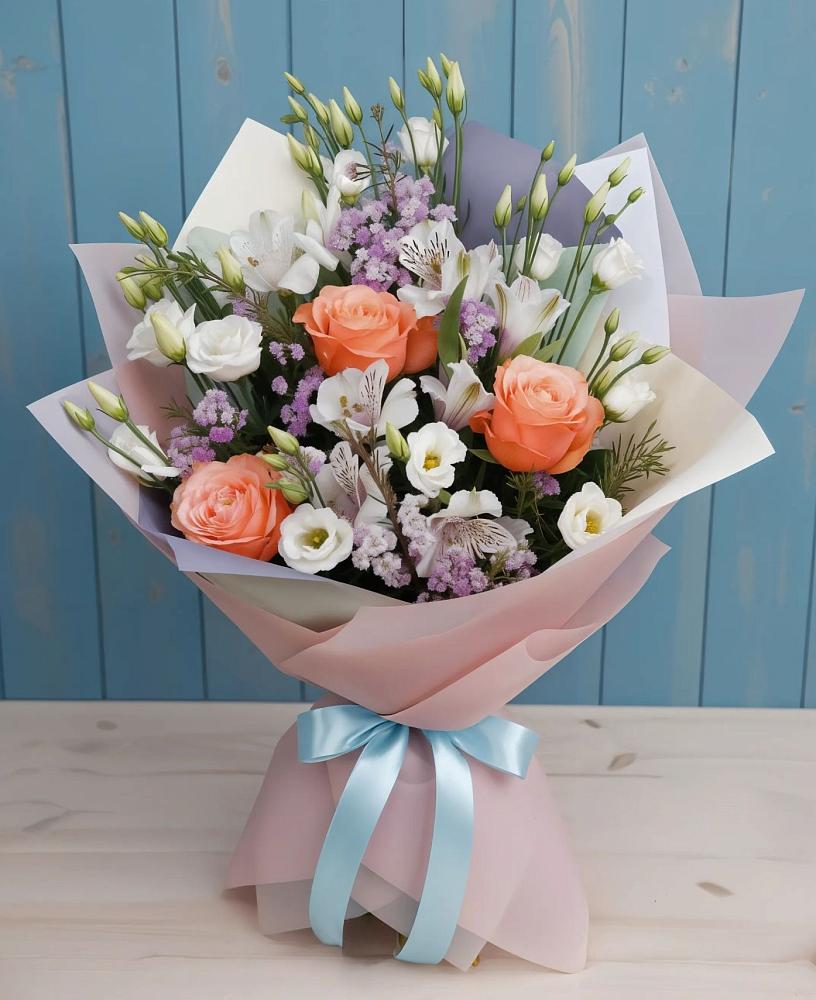 Букет цветов из: Лизиантусы, Розы, Альстромерии и Гипсофила в Ис