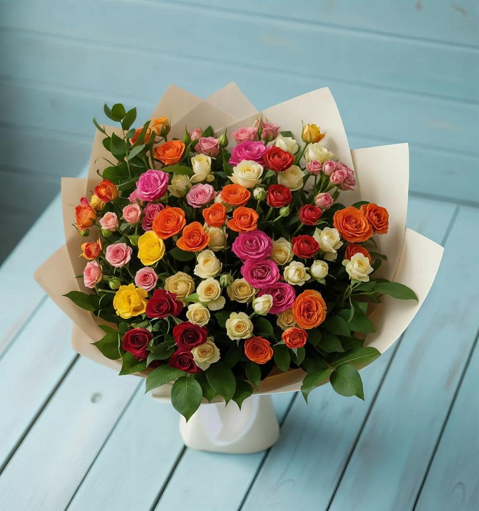 Букет Микс из разноцветных кустовых роз в Ис