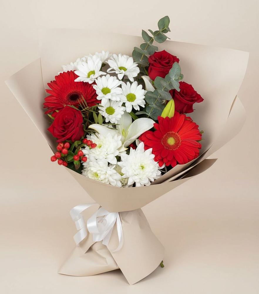Букет цветов из: Розы, Хризантемы, Герберы и Лилии в Ис