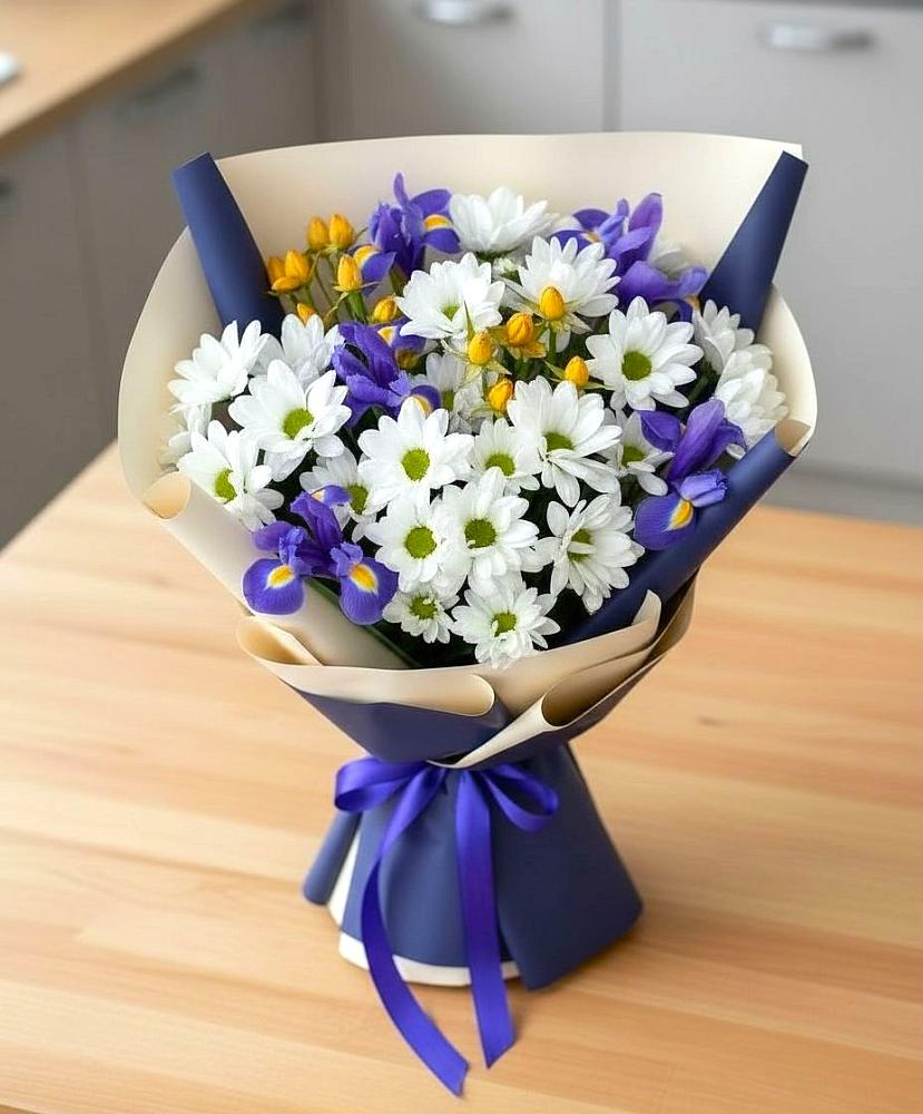 Букет цветов из: Розы, Ирисы и Хризантемы в Ис